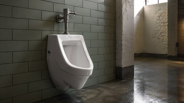 Modern white ceramic urinal in public restroom with green subway tile wall and concrete floor. Concept of public toilet, bathroom, men restroom, wall mounted, plumbing, flush valve. Copy space.