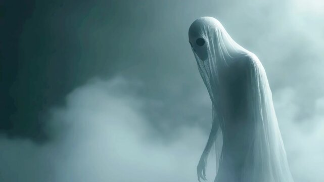 Ghost in white shroud standing in dark fog. Spooky spectral figure with black eyes in mist. Horror fantasy scene for Halloween, mystery and paranormal concept