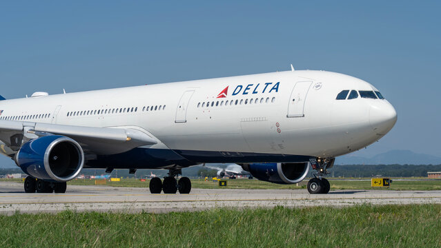 Delta Air Lines Airbus A330 is taxiing at MXP Milano Malpensa international airport