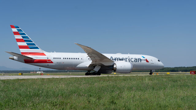 American Boeing 787 Dreamliner aircraft taxis at MXP Milano Malpensa international airport