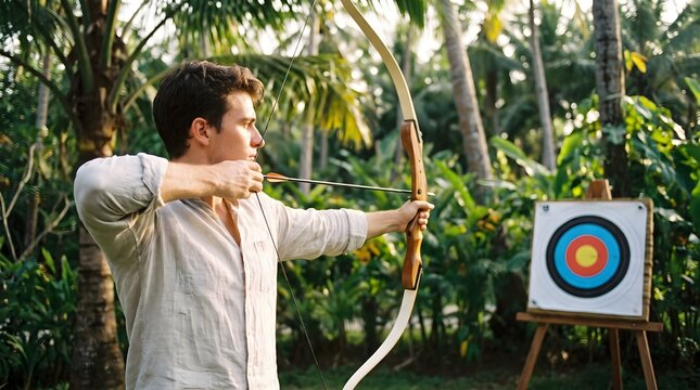 A focused man practicing archery with a traditional wooden bow aiming at a target in a lush garden