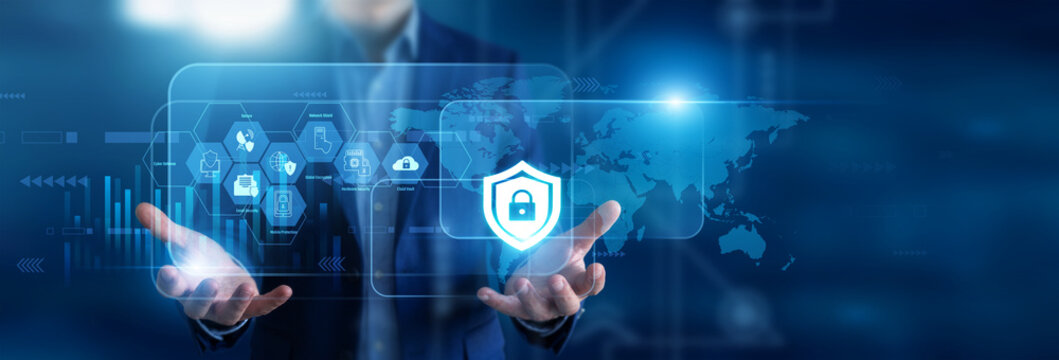 Protection and security guard holding in hands access badges. Safety director using virtual screen monitoring facility surveillance feeds and perimeter threat alerts. Safe lockdown.