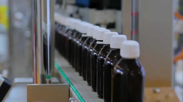 Moving empty amber glass bottles on conveyor belt at plastic packaging exhibition or factory. Production line of bottle shrink sleeve labeling machine - demonstration mode, close up view