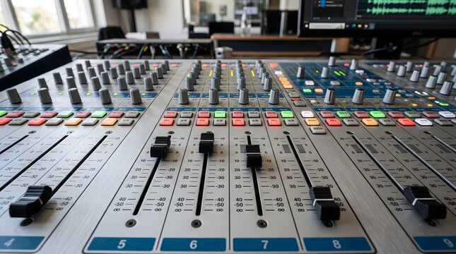 Professional audio mixing console with illuminated buttons, sliding faders, rotary knobs, and metallic finish for precise sound engineering studio control room