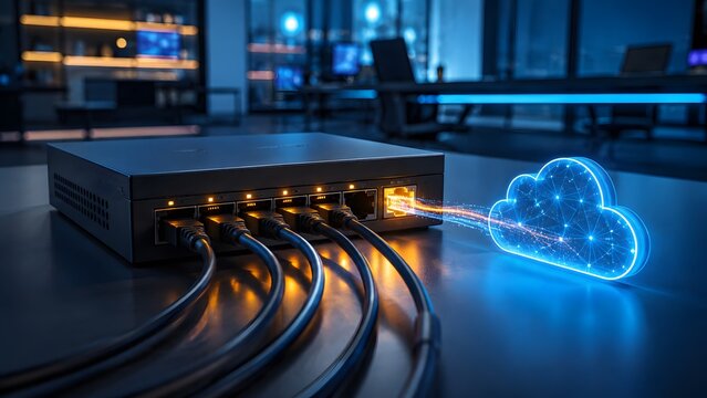 Network switch router connected to a glowing neon cloud icon via ethernet cables illustrating cloud computing and data transfer.