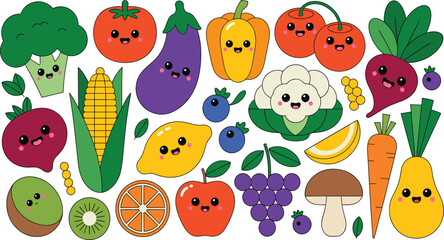 Naklejka premium Cute Hand Drawn Fruit and Vegetable Characters Set with Funny Faces Isolated on White Background for Kids Food Design