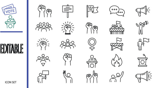 Protest and political activism line icons set with fists megaphones and crowds megaphone icon raised fist outline icons activism politics