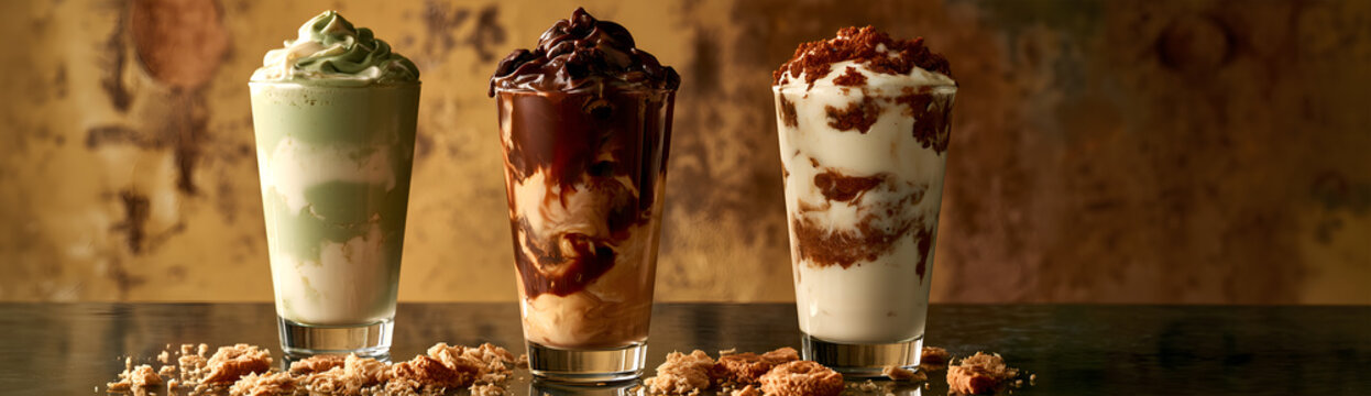 Creative food template. Row of iced milk milkshake smoothie shake, pistachio matcha chocolate caramel vanilla flavour with crushed cookie crumbs on rustic dark background. copy text space. Long banner