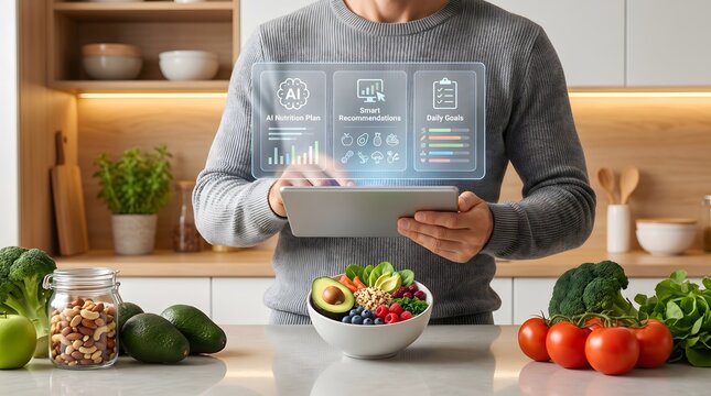 Man using tablet for AI nutrition plan and healthy food