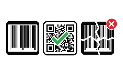 Obraz premium Barcode and qr code scanning status icons showing valid and broken codes