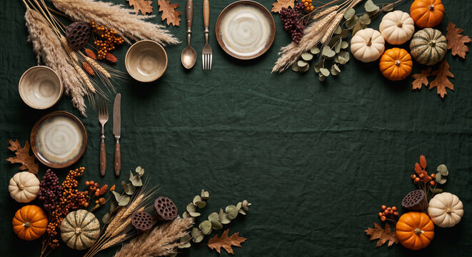 Autumn thanksgiving dinner table setting with plates cutlery pumpkins eucalyptus leaves dark green.
