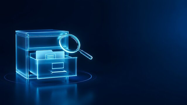Glowing blue holographic filing cabinet and magnifying glass representing digital document search, data archiving, and electronic information retrieval.