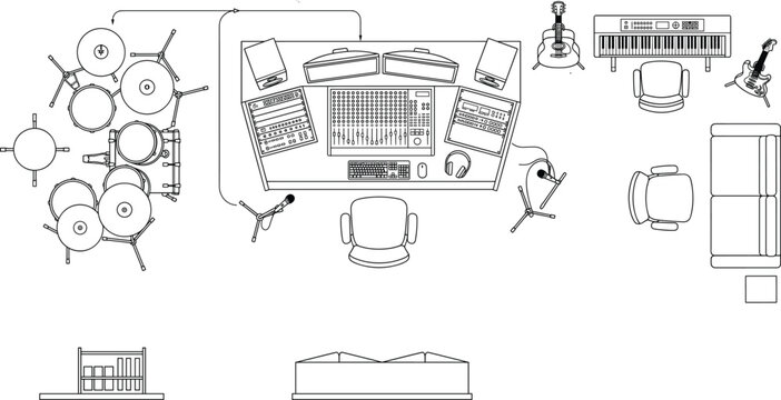 Top view studio recording equipment audio mixer drums and instruments illustration