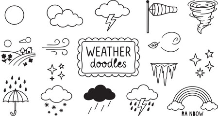 Fototapeta premium Doodle set of weather elements, hand drawn vector icons, black outline illustration for climate and forecast concept.
