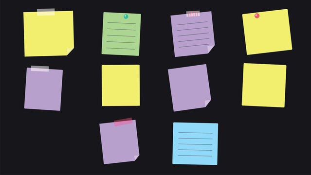 Collection of colorful sticky notes with handwritten text and blank paper pinned on a dark background