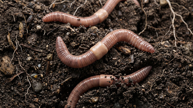 Close up macro of many earthworms crawling on rich dark moist topsoil, compost and humus, earthworms wriggling on fertile garden soil mound, organic farming, vermicomposting