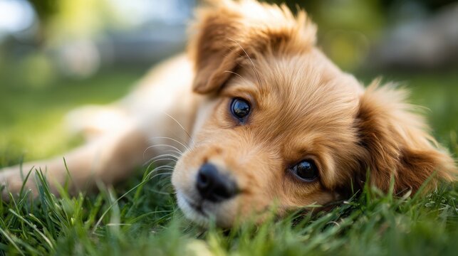Cute puppy lies on the grass
