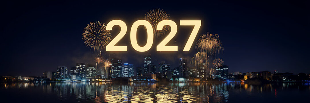 Large glowing 2027 numbers centered above a dark city skyline with colorful fireworks reflecting on the surface of a calm river at night