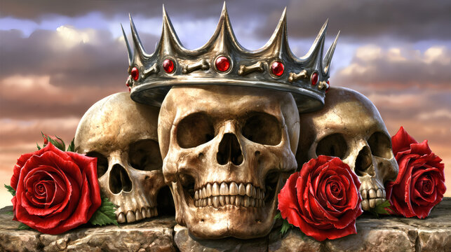 Crowned Human Skulls with Red Roses and crown