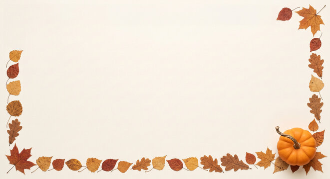 Autumn leaves pumpkin border frame on light background for seasonal design text space.