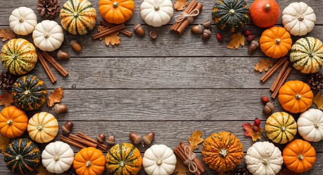 Rustic autumn frame of pumpkins acorns and cinnamon sticks on weathered wooden background.
