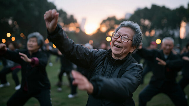 Senior Asian Woman Practicing Tai Chi in Park
