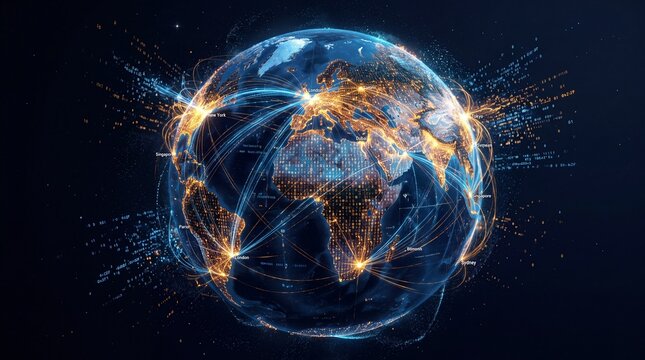 Digital Planet Earth with Global Network Connections and Data Lines