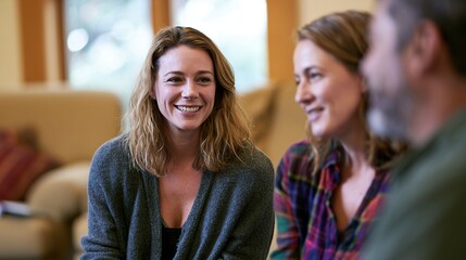 Fototapeta premium Parent and adult child having positive conversation with counselor in cozy room