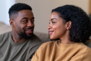 Obraz premium Couple sharing a reassuring conversation on a modern sofa at home