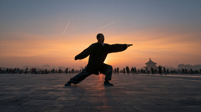 Man Practicing Tai Chi at Sunrise in Public Square