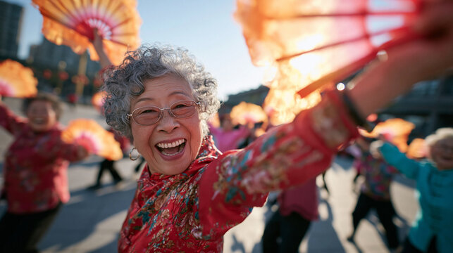 Senior Chinese Woman Dancing Joyfully with Fans Outdoors