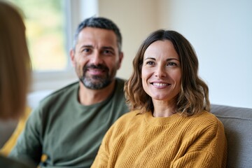 Fototapeta premium Couple listening attentively during relationship counseling session on sofa