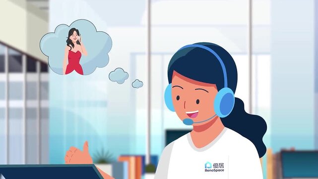 Professional customer service agent with headset communicating in a bright office environment during a helpful video animation clip that showcases efficient modern workplace digital support services