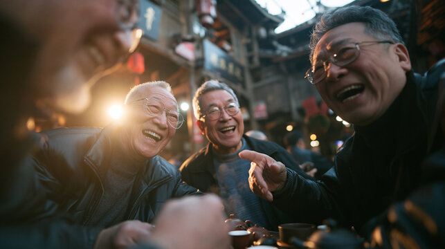 Senior Asian Men Laughing Together at Teahouse