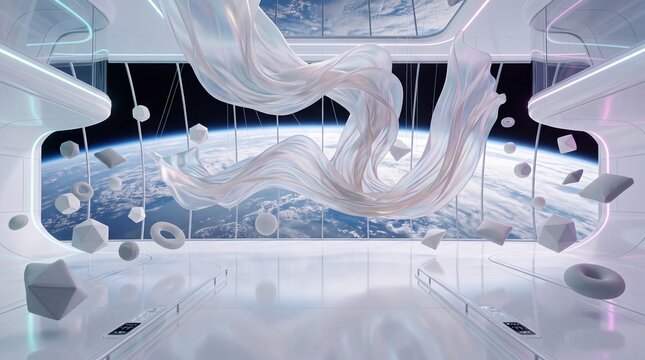 Futuristic Spacecraft Interior with Floating Fabric Overlooking Earth
