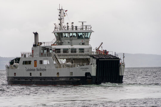 MV Loch Shira, a Caledonian MacBrayne car ferry  Largs to Cumbrae in western Scotland. Caledonian MacBrayne. Largs to Cumbrae (Millport) on the Firth of Clyde. Largs, Scotland, September 1, 2026. 