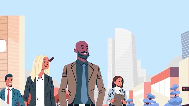 Business team walking through city streets during the day in this dynamic flat vector animation style digital motion footage featuring professional colleagues interacting with urban buildings