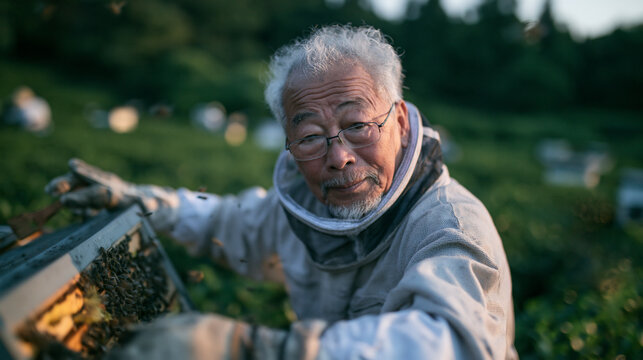 Senior Asian Beekeeper Inspecting Honeycomb Frame in Apiary