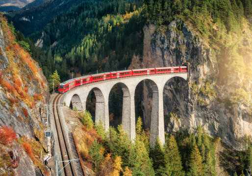Aerial view of modern red train on Landwasser viaduct in alpine mountains, colorful forest at sunset in autumn. Bernina Express, Switzerland. Top view of train in Alps, railroad, green trees in fall