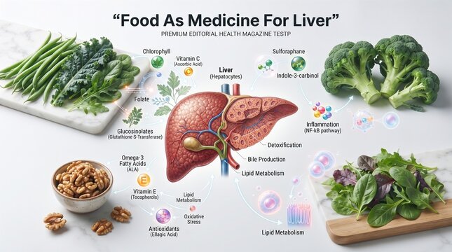 Educational Infographic Illustrating Beneficial Nutrients and Healthy Plant-Based Foods for Improving Human Liver Function and Detoxification
