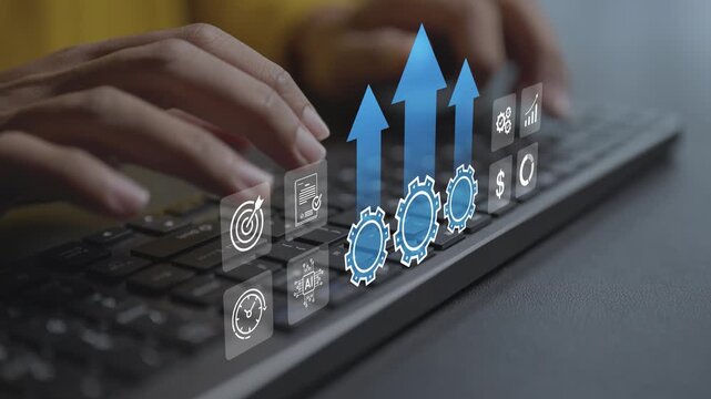 Productivity improvement concept. Person typing keyboard with fast gear and upward arrow icons, efficiency, automated workflow management and task speed optimization.
