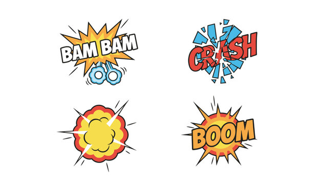 Set of four classic comic book sound effects including bam bam, crash, boom, and explosion splashes isolated on white background.