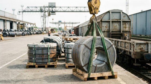 Steel coils, crane slings, freight pallets and rail loading bay for industrial shipment logistics.