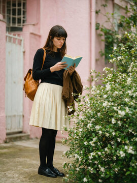 Vintage style young woman reading book outdoors. Student girl with backpack in garden. Retro aesthetic female reader standing by pink wall.