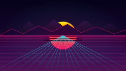 Abstract Glowing Cyberpunk Neon Grid Landscape Design © Gwarual