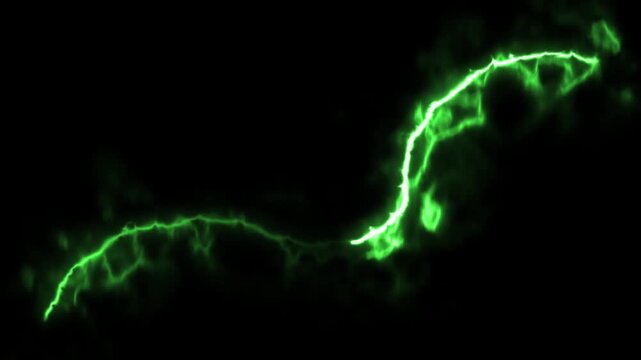 Green electric lightning plasma line displays glowing electrical discharge and subtle energy smoke on a black background. 4K animation.