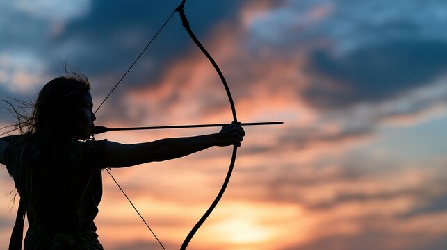 Female archer silhouette aiming bow against dramatic dusk sky