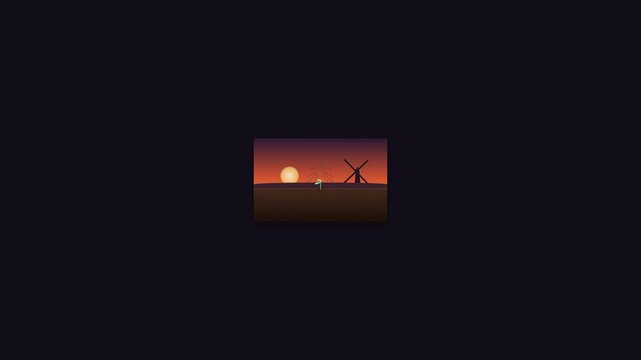 Stylized Sunset Over Rural Landscape with Windmill, Minimalist Animation