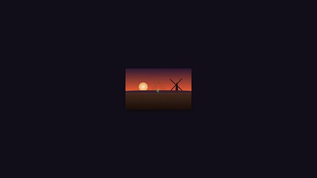 Animated Sunset Silhouette with Windmill and Moon Rising Over Flat Horizon