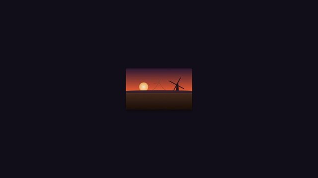 Windmill Silhouette at Sunset Over Horizon - Rural Landscape Animation